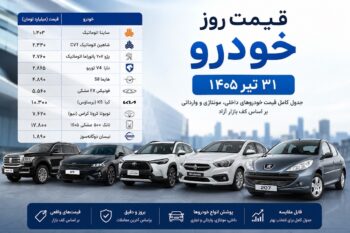 قیمت روز خودرو ۳۱ تیر ۱۴۰۵ | جدیدترین قیمت خودروهای داخلی، مونتاژی و وارداتی در بازار